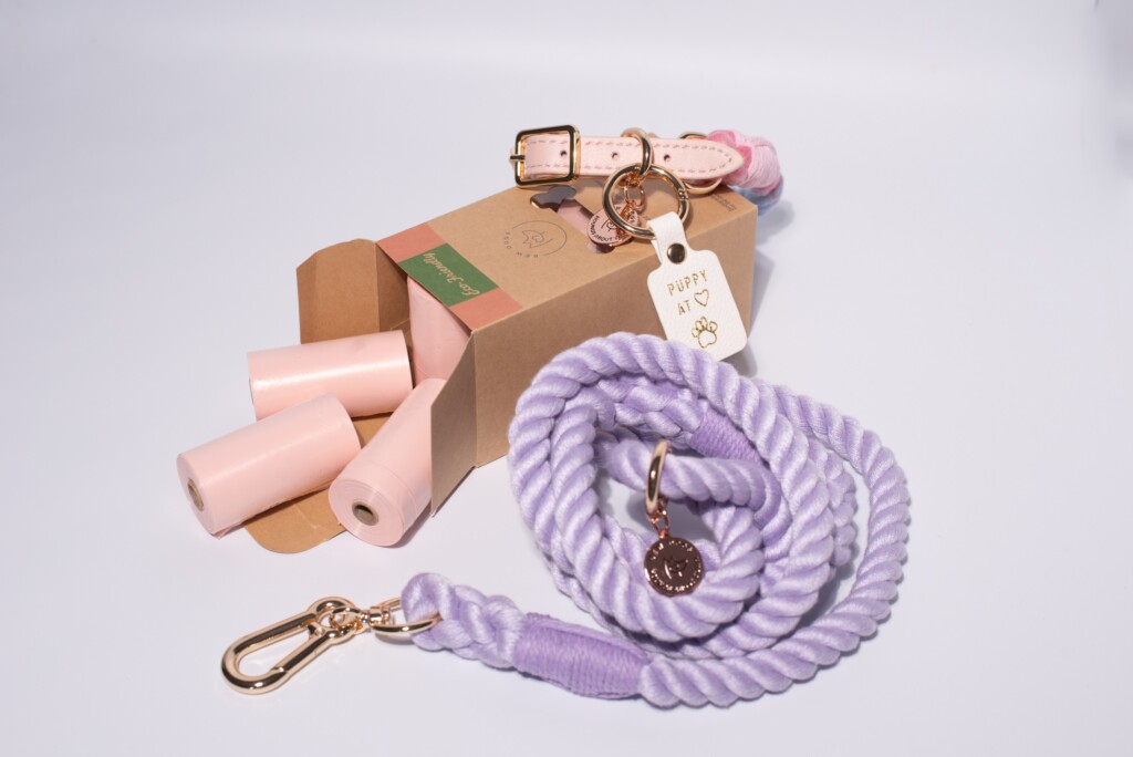 A box of eco-friendly and sustainable peach poo bags with a vegan leather collar and lilac rope lead, against a white background.