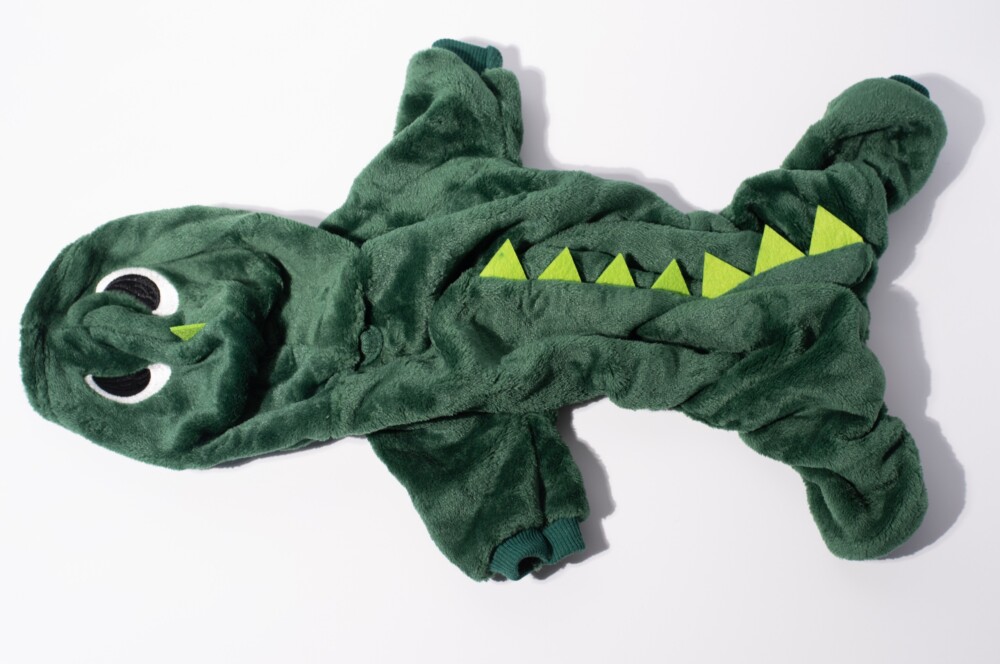 A Puppy Dino-suit costumer laid out flat against a white background