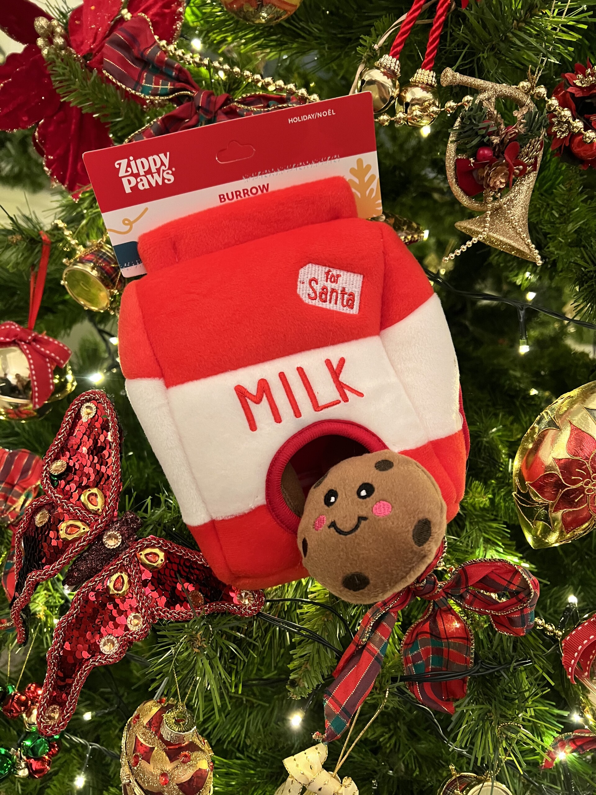 A christmas burrow toy for dogs, featuring a toy cookie inside a carton of milk for santa paws, is held in front of a decorated christmas tree.