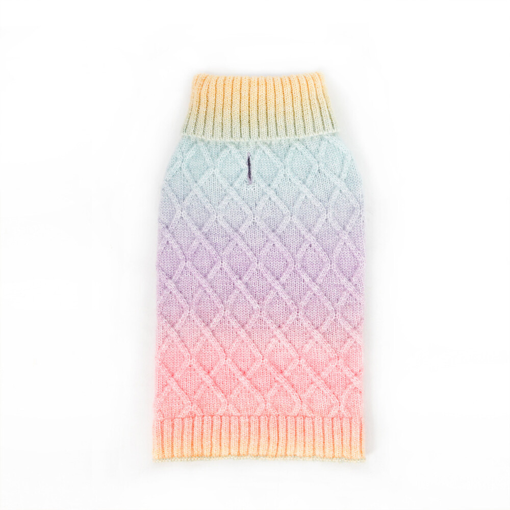 A cute cable knitted rainbow colour, dog or cat jumper against a white background