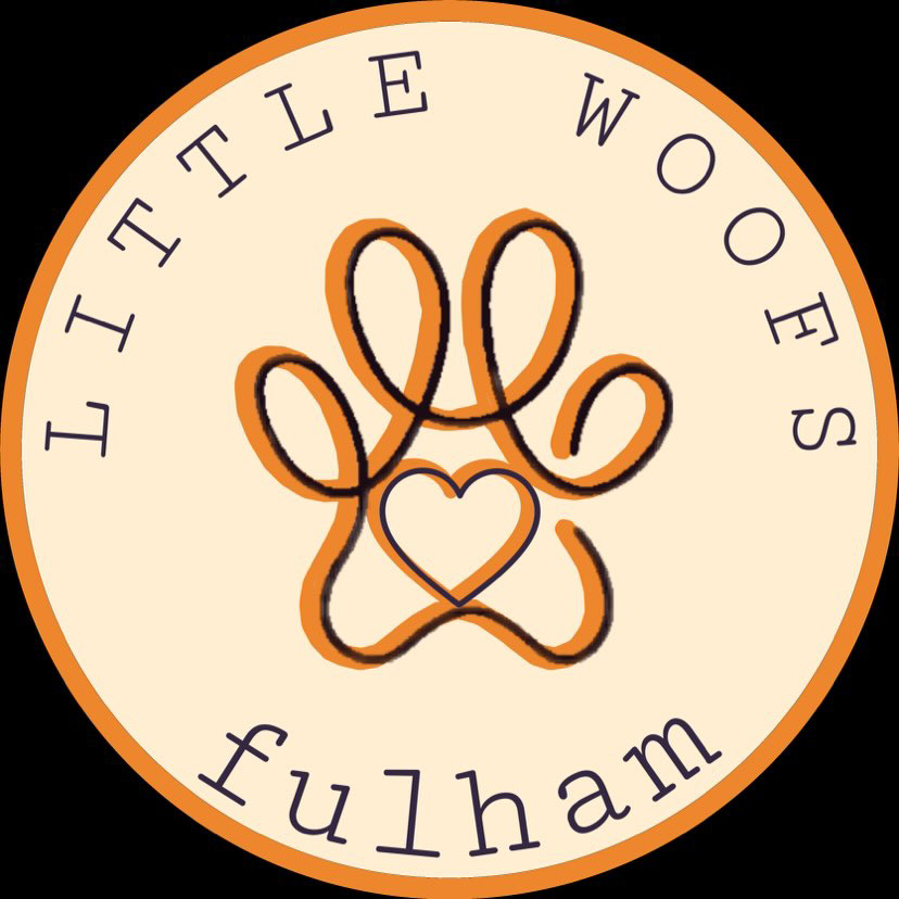 a peach coloured logo for Little Woofs Fulham, a doggy day care in Fulham business. the logo has a paw print with a heart in the middle
