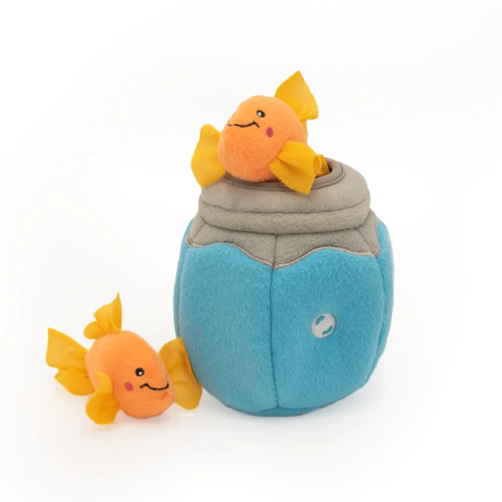 a blue plush fishbowl toy, with 2 small goldfish toys for cats, against a white background