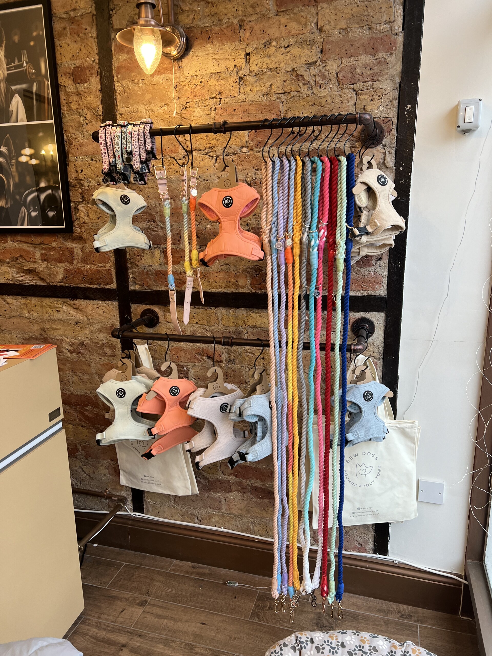 a dog store display of vibrant and colourful harnesses and leads, against a modern brick wall in a dog grooming salon in london. 