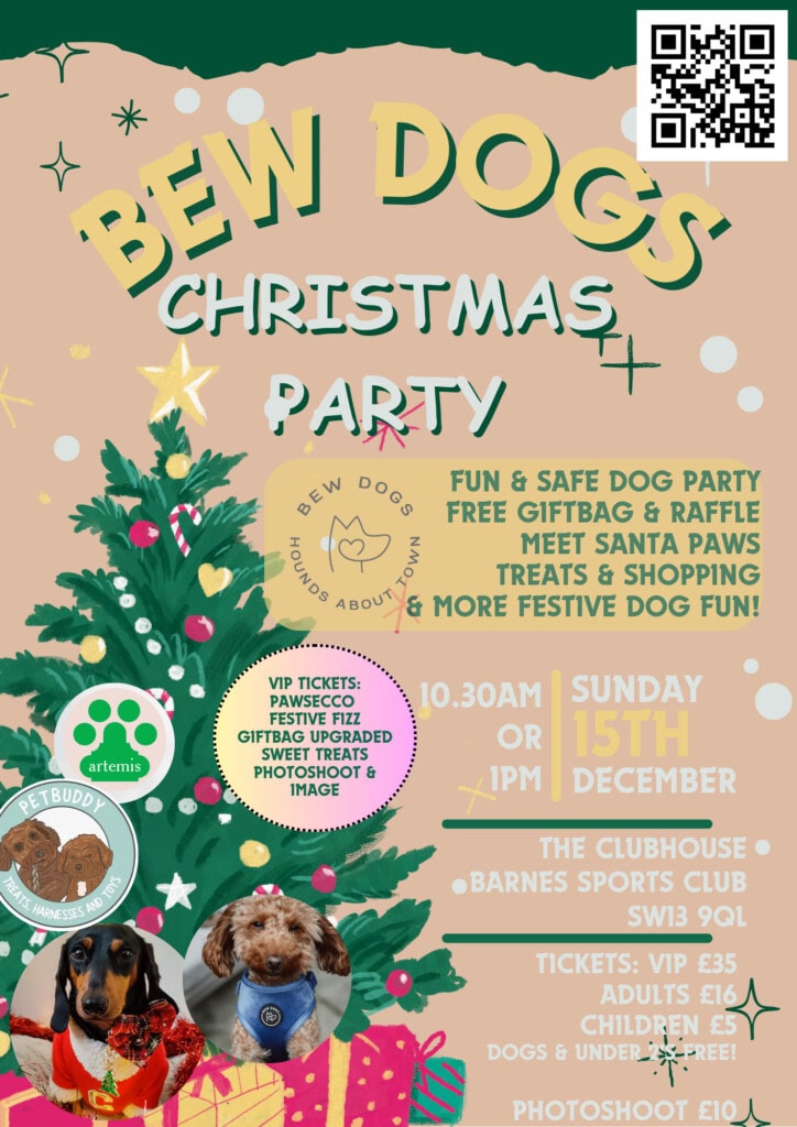 a poster for a christmas dog party in london on 15 december, including the date, time and location (10:30am or 1pm) in Barnes, london. the perfect christmas gift for dogs who like to party